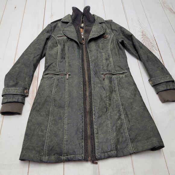 Montana Co long vegan faux coated leather jacket green knit boho steampunk artsy - Picture 1 of 8
